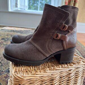 Fly London boots, size 10,  dark olive color,  2 1/2 inch heel